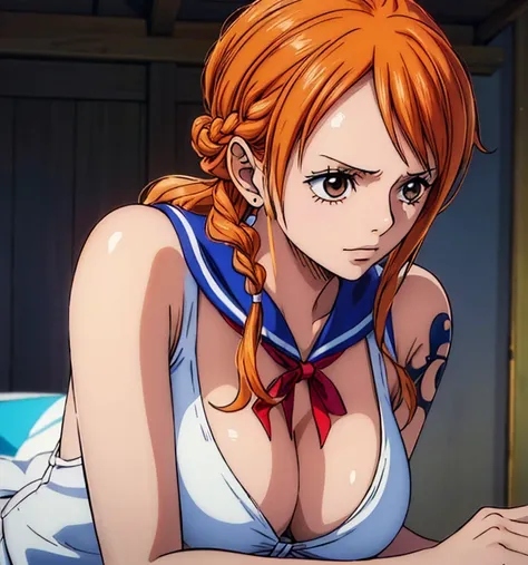 (masterpiece, top quality, 4K, 8k,     High Definition   , 最高masterpiece:1.2),   super detailed , (  realistic  , photo  realistic  , photo-  realistic  :1.37),    Maintaining Anime Style   ,   Nami in One Piece,  Light Orange Hair  , beautiful hairstyle ,...