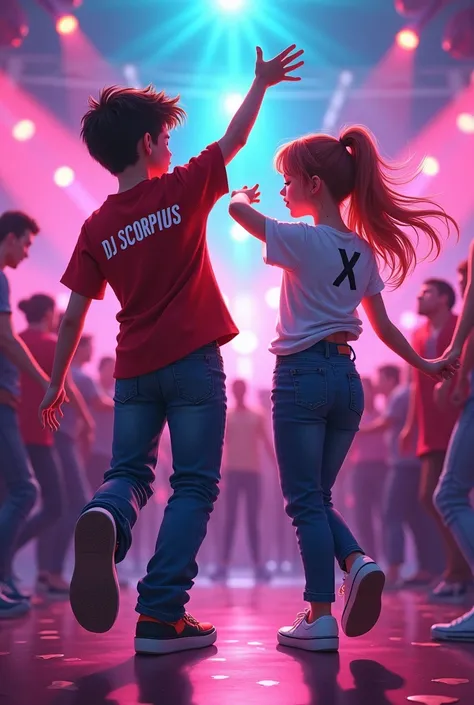 A boy with t-shirt written DJ Scorpius dancing with girl with t-shirt written X 