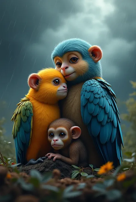 Parrot and monkey huddled together, waiting for the storm to pass. The background is still stormy, but Parrot and monkey look safe and cozy together.