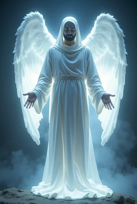  Make a realistic image of an angel standing in a white robe up to his feet with his arms half open with his hands open.  The angel is all luminous and doesnt show his face . Hes all bluish white light .