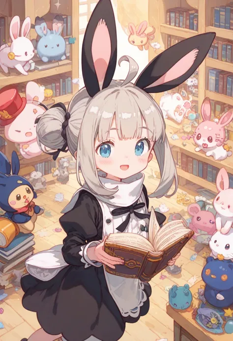  Pokemon Quest inspired storybook illustration - screenshot of a pink rabbit opening a book, Kanbun Master ,  pixib, Folk art,  Maple Story  mouse, shirabii,  Yurukan, anime  Yurukan, bravely default ii から, Blob Anime, tomorrow,   Ahoge stands above her he...