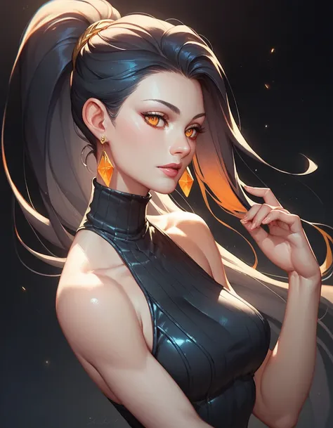 female black sleeveless catsuit turtleneck, bare shoulders, racerback, bare toned arms, beautiful faces, black ponytail with showing forehead, long ponytail, earrings, soft smooth skin, pale skin, black background, orange eyes, sci-fi, high contrast