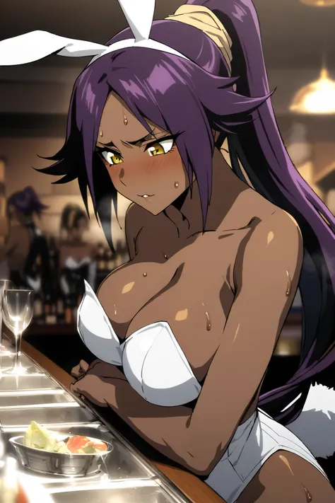 NSFW,masterpiece, top quality , High Definition , very detailed,Yoruichi Shihouin(BLEACH), long hair、 yellow eyes、 ponytail、Purple Hair、 dark skin 、 dark skin の女性, Playboy Bunny, white leotard, Girls Bar , counter,Entertain,sweat