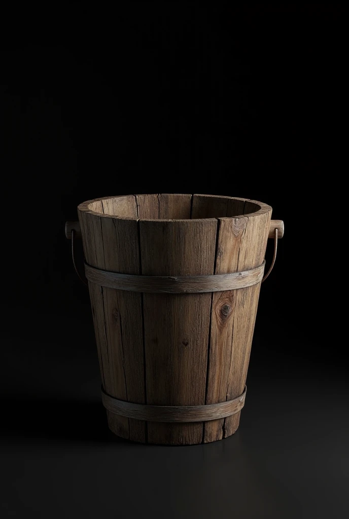 wooden bucket , from below, extreme low angle shot, black background, ultra resolution