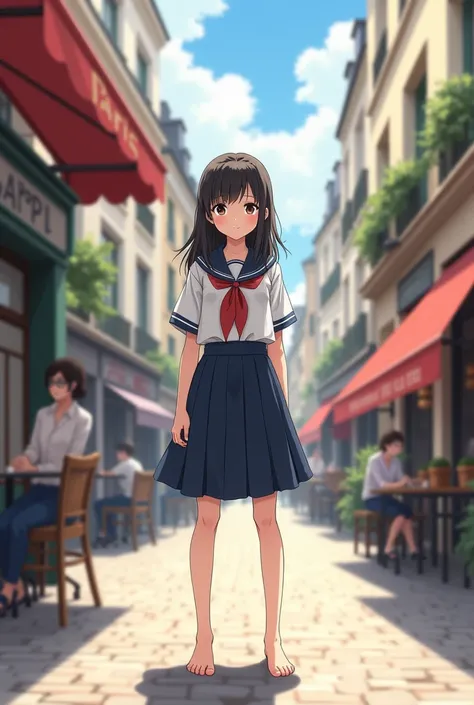 Japanese girl wearing a seifuku barefoot in Paris 