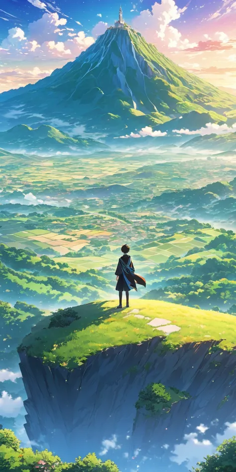  Against the backdrop of a breathtaking natural view ,  the Anime Boy stands on top of a hill in the style of a dreamlike landscape, Anime Art, 32K UHD,  detailed construction of the world ,,  vibrant illustrations ,anime style --ar 3 :4 - en 5.2