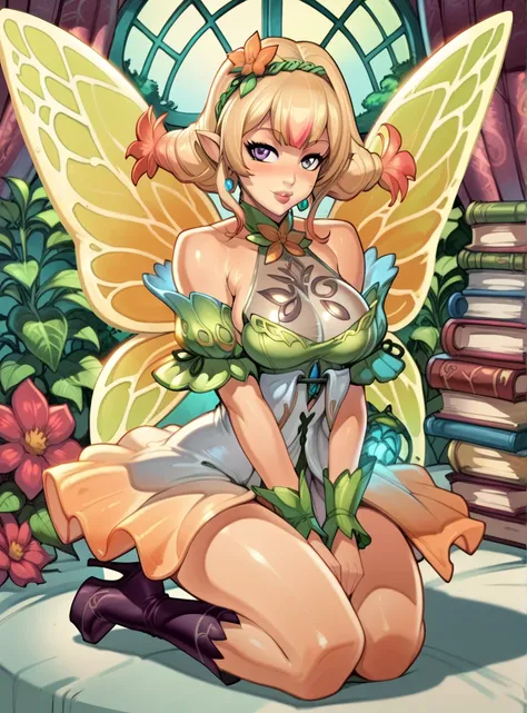 score_9, score_8_up, score_7_up, score_6_up, source_anime, ((anime screencap)), uncensored    peonyfe, 1girl, solo, wings, fairy wings, pointy ears, breasts, purple eyes, smile, , blonde hair, dress, multicolored hair, hair ornament indoors, sexy,reiq art ...