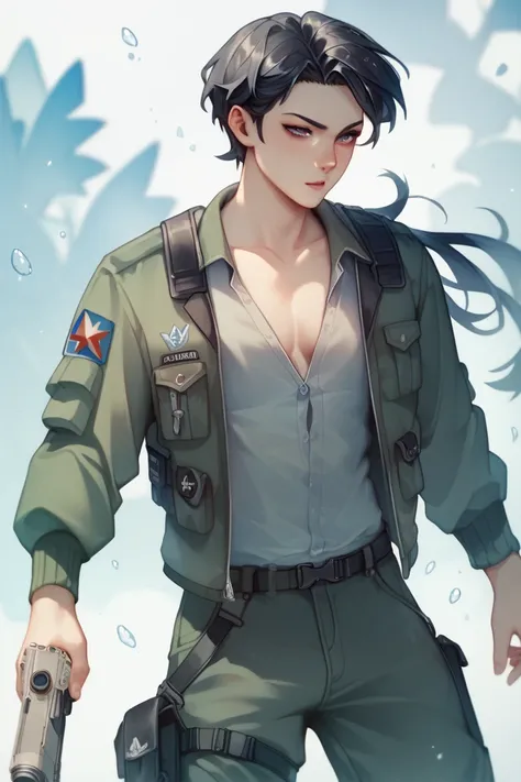  kvinner,Anime,Shoulder length hair, black hair,DCup chest , put on tactical shirt , put on tactical pants ,Hold the MCX gun ,พื้นหลังเป็นป่า