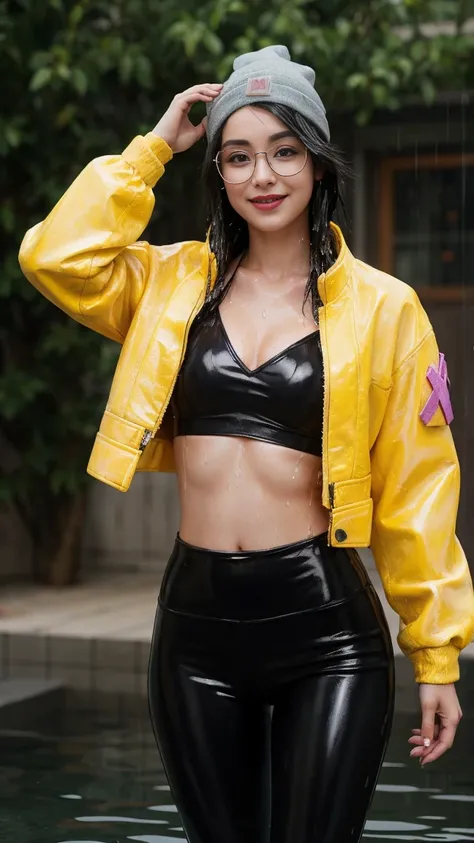 (masterpiece), best quality, expressive eyes, perfect face, germanic girl, smoked eyes, makeup, 1girl, storm raining, black hair, beanie wet, black eyes,(high quality eyes), ponytail, bathing, outdoors, looking at viewer, yellow jacket, collarbone, leather...