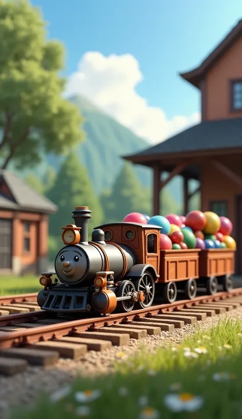 A little train arriving at the station , With balls and ren in the wagon.  REALISTIC IMAGE 