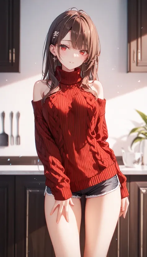   high definition   , One,  masterpiece fails,    top quality ,  duration, home sweater , thin sweater,  short shorts , long hair on the sides, brown hair, thin sweater, in the kitchen,  bare shoulders are visible,  seduces, burgundy sweater,  looks at the...