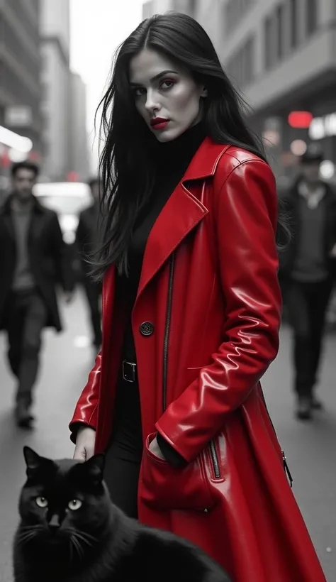 monochrome woman wearing a red shinny leather coat black long hair black boots people on the street fast motion blur background  people are blured and a black cat