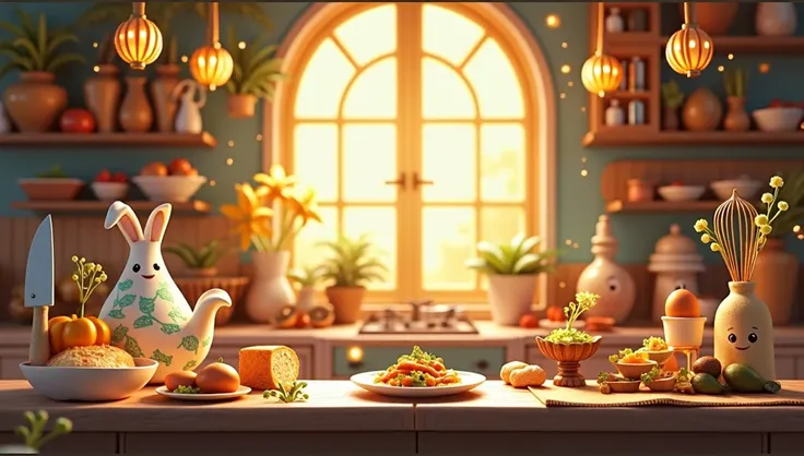 Bright fantasy kitchen with objects knife, spoon, whisk, plate, cup, bread, eggs, cheese, avocado