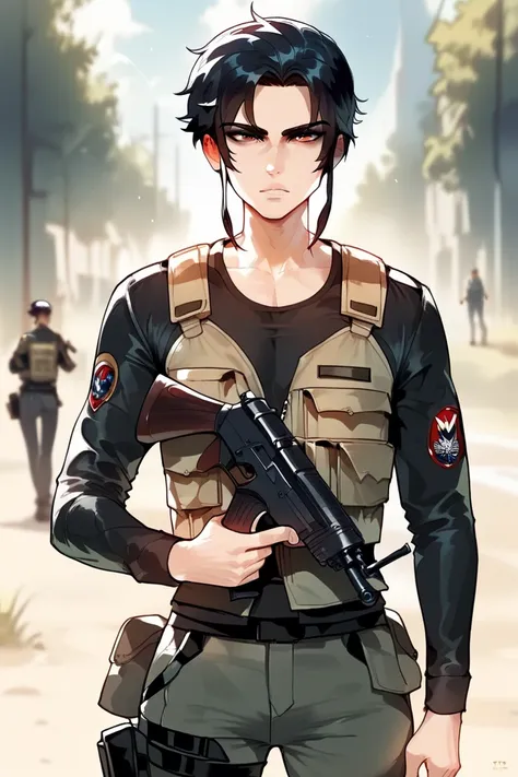  kvinner,Anime,Shoulder length hair, black hair,FCup chest , put on tactical shirt , put on tactical pants ,Hold the svd gun ,. The background is a deserted place