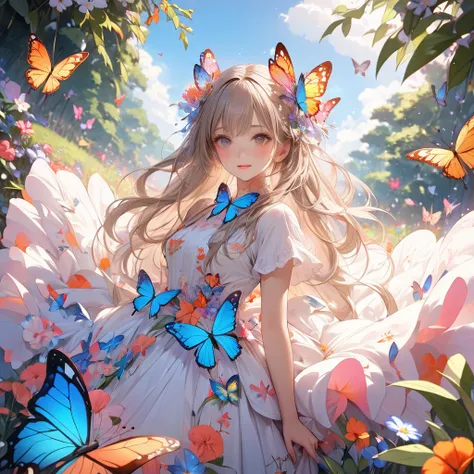 RAW Photos:1.2, masterpiece, highest quality, 16k, Unbelievably absurd, Very detailed, Perfect beauty, Beautiful cute girl, butterfly, Flowers, Vibrant colors, 