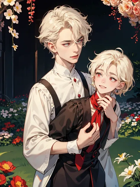 a boy, red eyes, cream beige wavy messy hair. so handsome.  Background in luxurious garden. thin, cute. . little, cute. short. young boy. smirk. arrogant young master. sadistic eyes. sadistic young master. he mad. sadistic smile. flowers in hand. big eyed