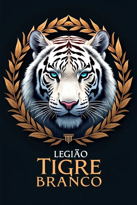 A realistic and imposing logo for Legião Tigre Branco, featuring a majestic white tiger with piercing blue eyes that captivate with their intensity. The tiger’s fur is meticulously detailed, showcasing its regal and powerful nature. Its expression exudes b...