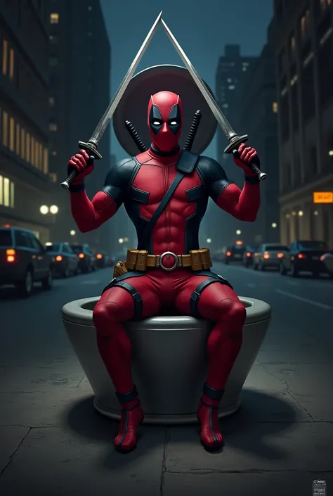  The image is a digital illustration of the Marvel superhero Deadpool, sitting in a sink cover on a city street at night.  wearing his famous red and black suit with a large shield on his head and two crossed swords in his hands. . The background shows a c...