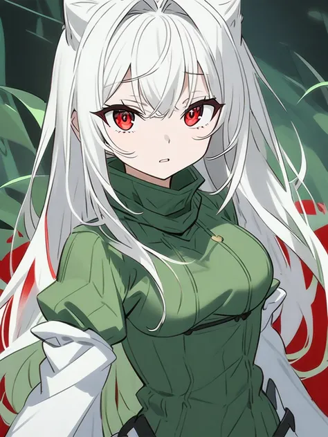 Elfa red eyes big breasted green clothes white hair