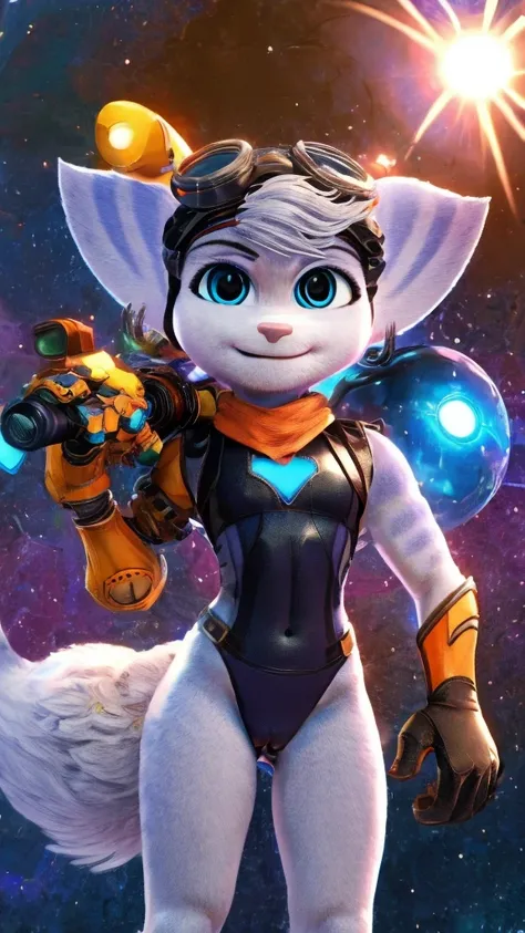 rivet, female focus, right mec arm, blue eyes, perfect eyes, black swimsuit, (smile), full body, standing, holding a futuristc weapon, sun, galaxy background, 4k, hyper detailed, front view,fox tail, cameltoe 