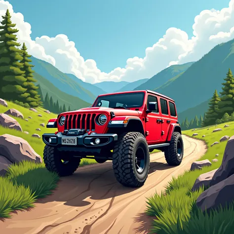 The image depicts a vibrant red off-road vehicle, likely a Jeep, driving along a dirt path in a scenic landscape. The background features lush greenery, hills, and rocky terrain, emphasizing an adventurous outdoor setting. If you have any questions about o...