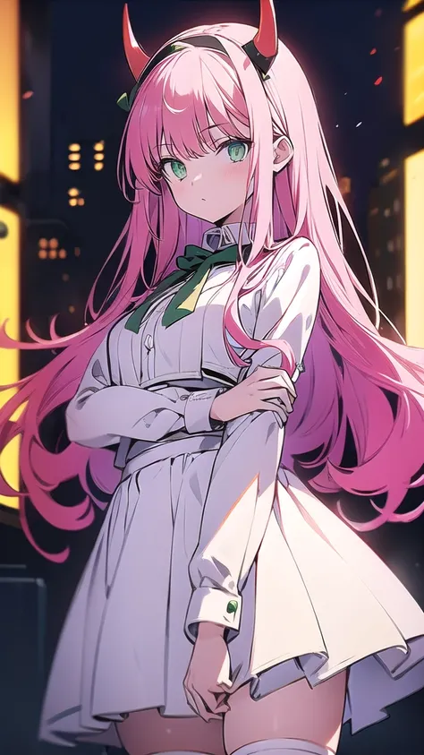 nullzwei, Zero two, (green eyes:1.5), hairband, Horns,  long hair, pink hair, red Horns, white headband,
BREAK jacket,  stockings , high waisted skirt, arrogant face,  white footwear ,White crop top,
BREAK indoors, Classroom,BREAK looking at viewer, (cowbo...