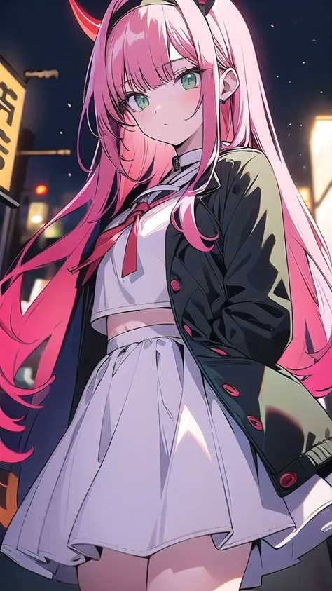 nullzwei, Zero two, (green eyes:1.5), hairband, Horns,  long hair, pink hair, red Horns, white headband,
BREAK jacket,  stockings , high waisted skirt, arrogant face,  white footwear ,White crop top,
BREAK indoors, Classroom,BREAK looking at viewer, (cowbo...