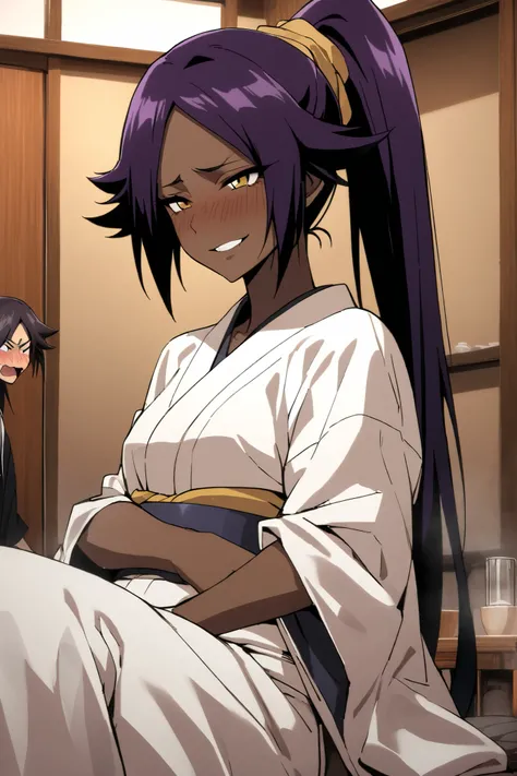 NSFW,masterpiece, top quality , High Definition , very detailed,Yoruichi Shihouin(BLEACH), long hair、 yellow eyes、 ponytail、Purple Hair、 dark skin 、 dark skin の女性, kimono,yukata,hostel,Japanese-style room, drunk,Alcohol, Japanese sake ,Bad Smile,blush, sit...