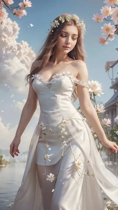 Cropped image of a woman in a white dress, beautiful digital art, ethereal beauty, goddess of flowers, with lotus flowers around, with ethereal effect of flowers, a beautiful woman beautiful wearing white petals, white, gorgeous digital art, elegant digita...