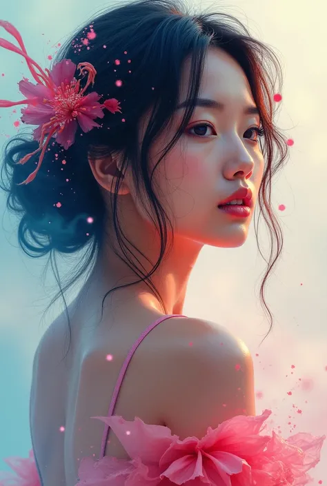 double exposure painting technique  , a beautiful asian woman combined with the charm of twilight nature and splashes of colorful colors created by the method of surrealism, background splashes of iridescent colors also smoke colorful colors  