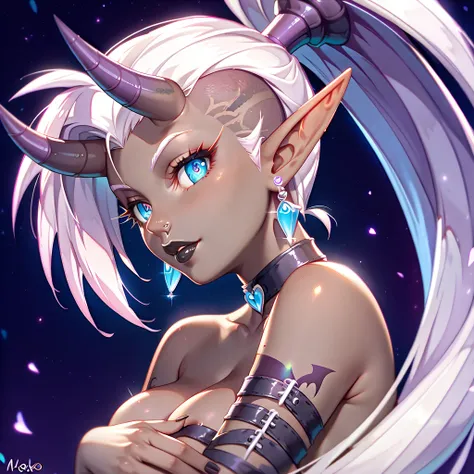 score_9, score_8_up, score_7_up, ((Masterpiece)), ((highres)), ((1girl, solo)), Random poses, beautifully detailed succubus girl, ((white hair, mohawk w/long ponytail)), (((defined elf ears with ear guages))), defined eyes, pastel iris, long eye lashes, de...