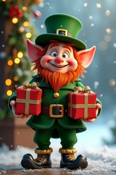 Create an image of a fun leprechaun dressed for Christmas holding two presents