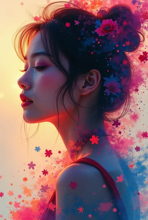 painting techniquedouble exposure  , a beautiful asian woman combined with the charm of twilight nature and splashes of colorful colors created by the method of surrealism,  colorful color splash background