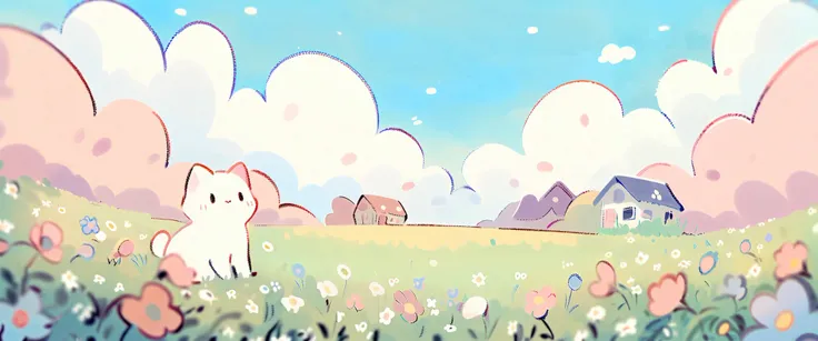 cartoon cat and kittens In a field of flowers with a sky background, Animated visual of cute cats, Kawaii cat, Cute cat, Lovely artwork, sitting In a field of flowers, In a field of flowers, Cute anime, Soft anime illustration, by Eizan This is a gift, Ill...