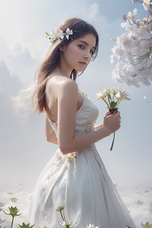 Cropped image of a woman in a white dress, beautiful digital art, ethereal beauty, goddess of flowers, with lotus flowers around, with ethereal effect of flowers, a beautiful woman beautiful wearing white petals, white, gorgeous digital art, elegant digita...