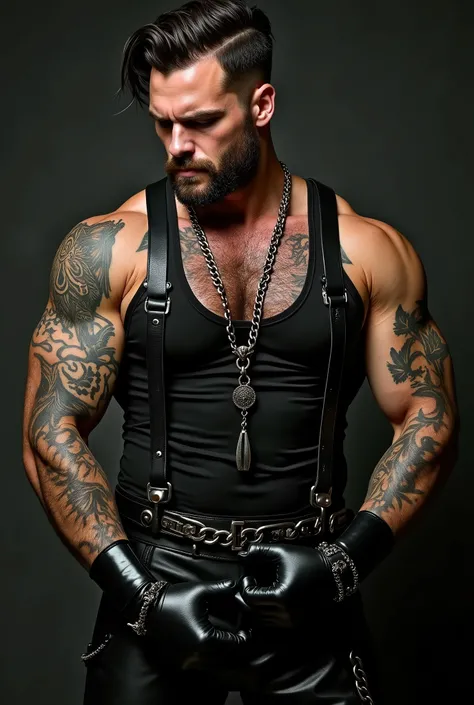 Whole stunning body valentine brutal over manly muscle, extremely hairy, dominant leather man in dominant pose, Henry Cavill, sexually aroused, hairy chest, hairy arms, hairy back, hairy shoulders, black latex tank top t-shirt, Black Latex Police Gloves, b...