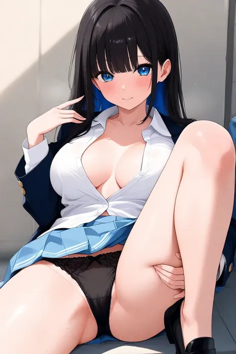 blue inner color black hair　 black panties　 gal　 knee-high　 high school girl　perfect hand　