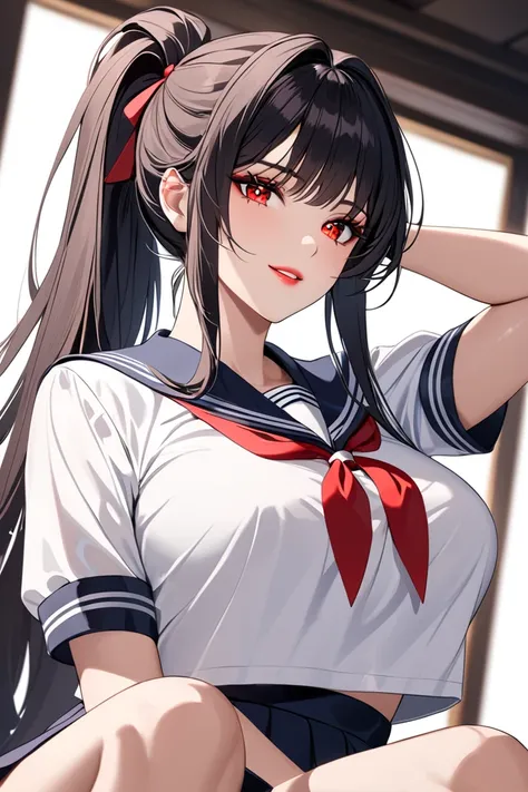 Highest quality　masterpiece　High resolution　masterpiece, black messy hair, high pony tail, thick and beautiful hair, middle parted hair 　red glowing Eyes, seductive lips, teasing smile, sailor uniform , big breast, beautiful make up, very beautiful , very ...