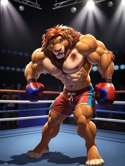 Lora:simba, full height. 4k, high resolution, best quality, posted on e621, solo, anthro body, male lion, adult, masculine, (skinny, strong pectorals, defined muscles, muscular shoulders), correct anatomy, (boxing ring background, gym background), (blurry ...