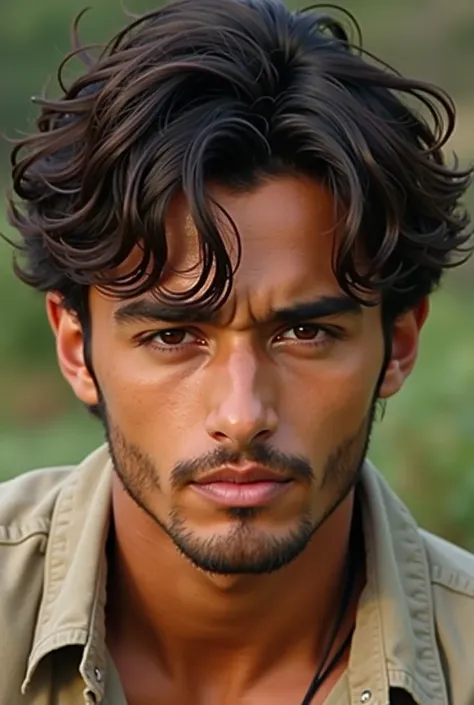  Imagine a young man of about 18-20 years old , with dark brown hair , short and slightly disheveled,  as if he were always on the move .  He has a warm skin tone , slightly tanned,  reflecting his time outdoors .  His face is angular ,  with a marked jaw ...