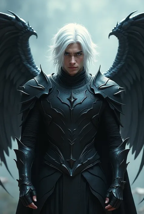 Young handsome, transparent white hair, black armor with dragon wings