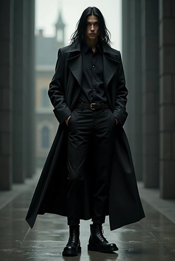 Black hair with a long Nescafe coat and black button-down mens shirt and black pants and high-waisted Nescafe boots