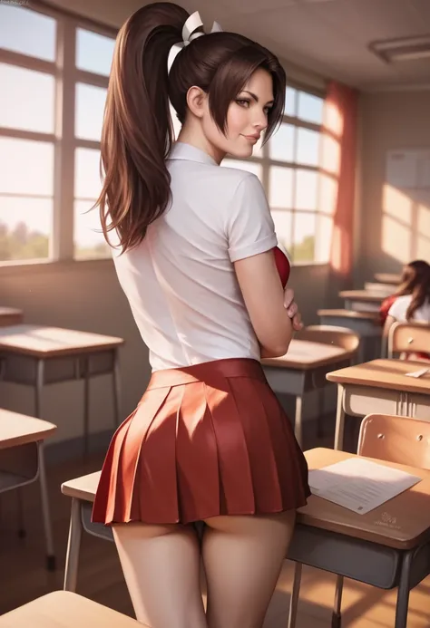 masterpiece, best quality, (photorealistic:1.4), shiranui mai, from behind, classroom, a photo of a beautiful  woman,Brown hair, shag hairstyle, skinny, school uniform, Front View