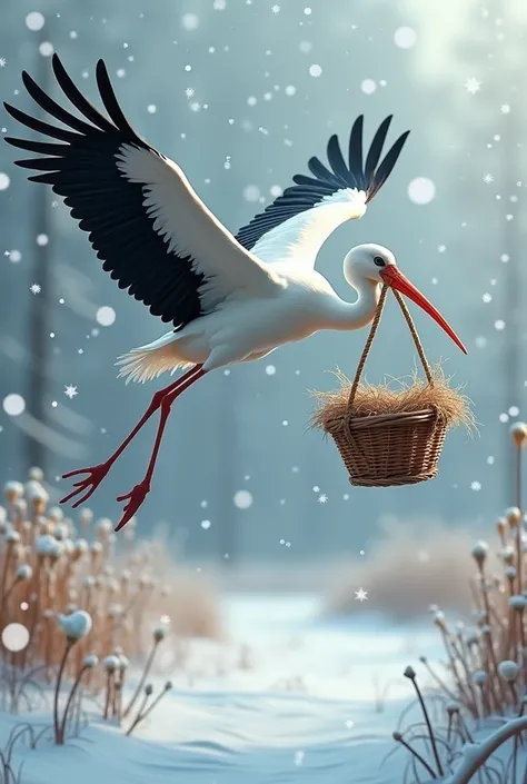 A stork that flies with a basket in its mouth it is snowing 