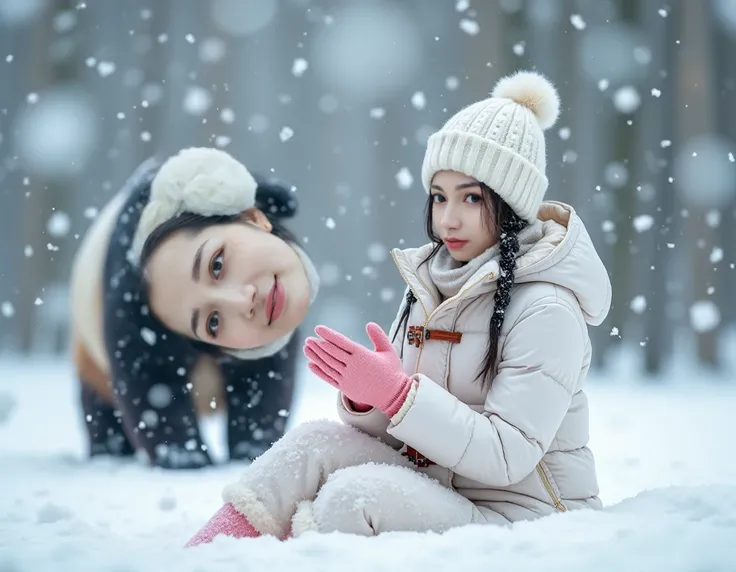 Beautiful Asian woman sitting and playing in the snow. She wore a white life jacket and a white wool hat, and pink gloves. It is snowing very heavily. Behind her is a big panda