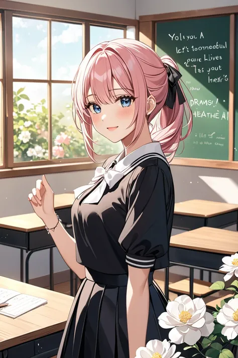 ultra-detailed,masterpiece,best quality,jcf, 1girl,,black ponytail,large bow,blush,leaning forward,classroom,blackboard,desk,window,shirt,skirt, Laughing with your mouth open、


You offer me a white wild rose Your eyes smile brightly Let&#39;s always decor...