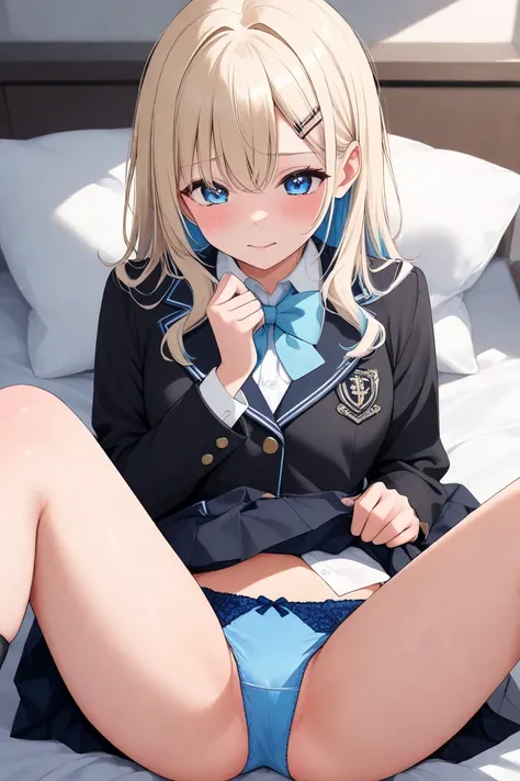 Blue inner color blond　Blue panties　 gal　 knee-high　 high school girl　Black uniform　perfect hand　