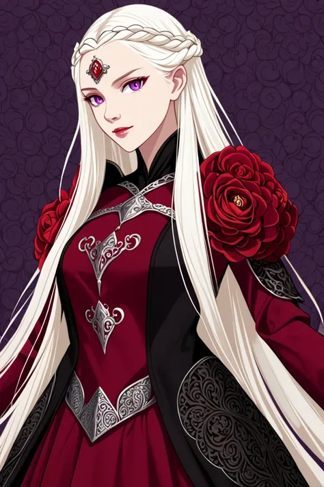 a female targaryen princess, long straight platinum blonde hair, purple eyes, red and black dress, simple background