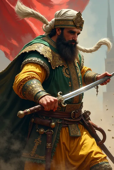 An Ottoman visier, with intricate turban, aggressive, fighting with scimitar, dynamic pose, dueling stance, with Islamic takke and sarik behind the head, painting style. Rich clothes, colorfull mostly green and yellow, battle equipment, flag of the beograd...