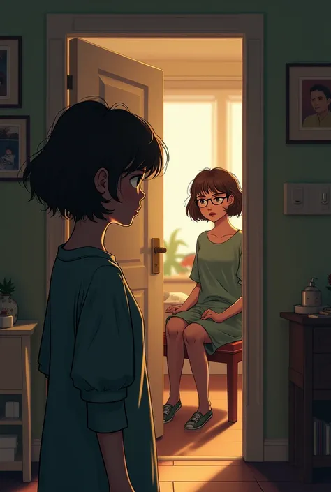 Lucy’s mom, a woman with short black hair and a concerned expression, standing in Lucy’s doorway. Lucy, a teenage girl with curly brown hair and glasses,  is sitting in her chair, and barely glancing back at her mom.